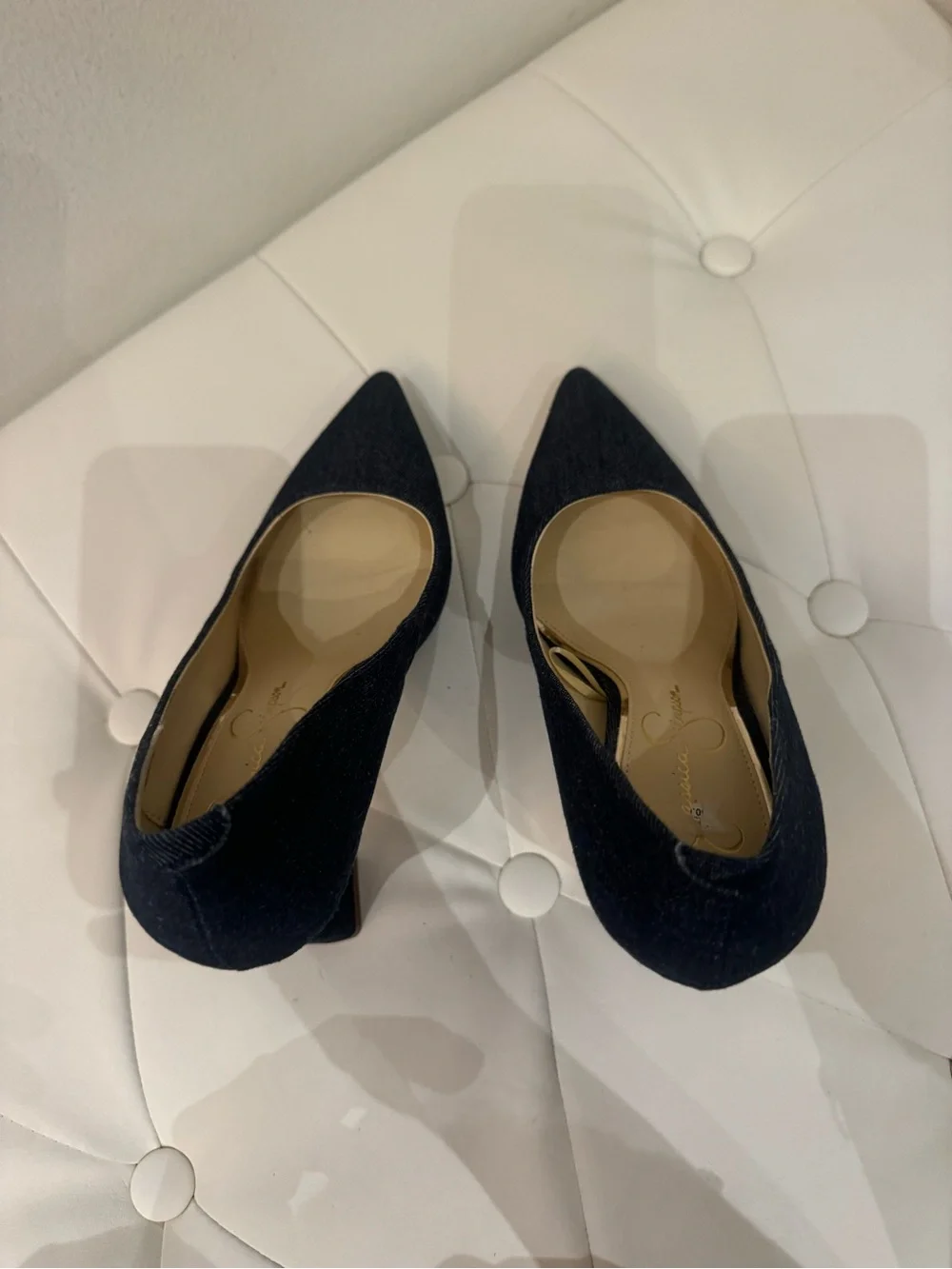 Jessica Simpson Dark Navy Denim and Gold Pointed-Toe Pumps